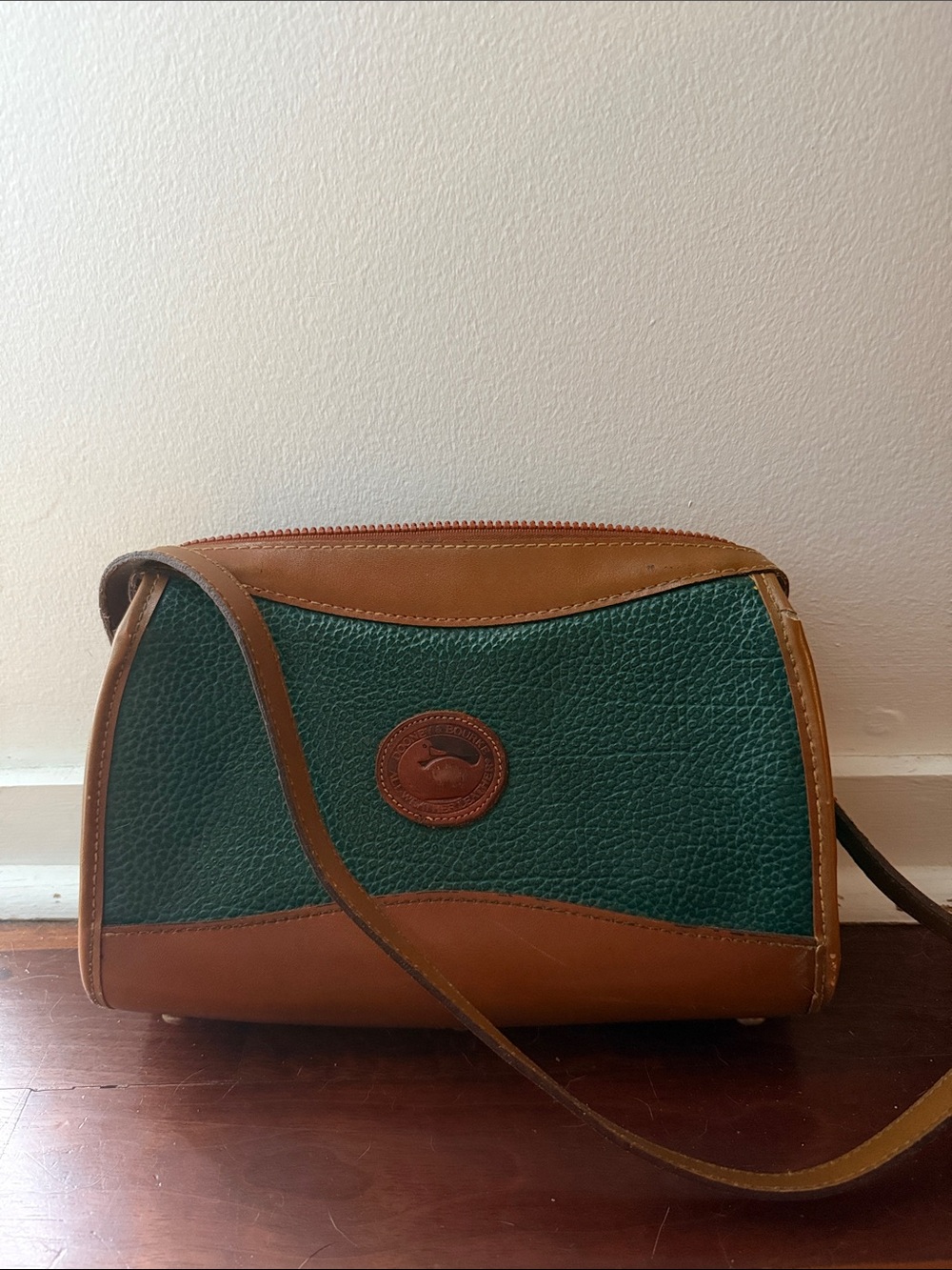 Vintage Dooney & Bourke Green and Brown Pebbled Leather Crossbody Bag
